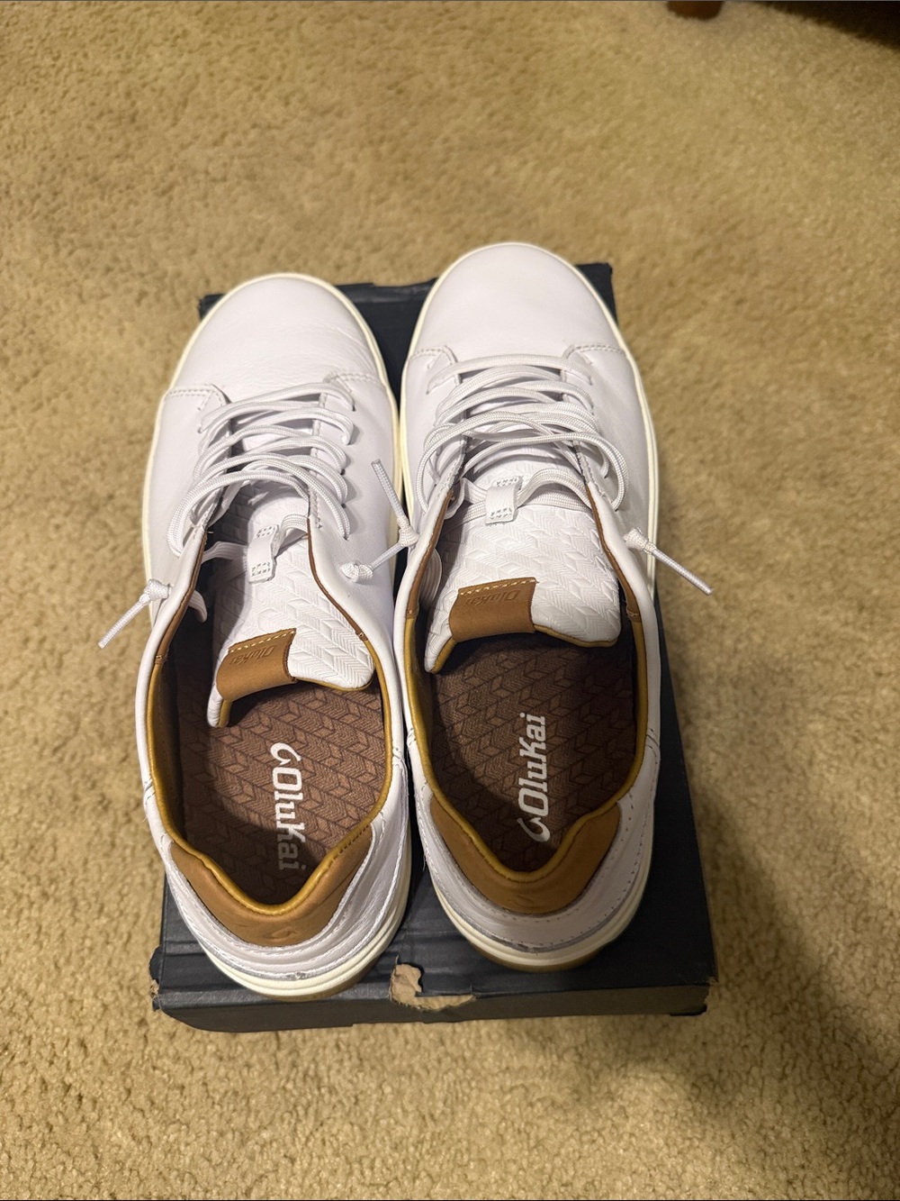 OluKai Lae‘ahi Lī ‘Ili White Leather Sneakers with Tan Gum Sole